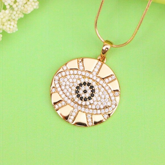 "Round Evil Eye Rose Gold Pendant with CZ Crystals and Shine Finish, XPPT1519 - Picture 3 of 13